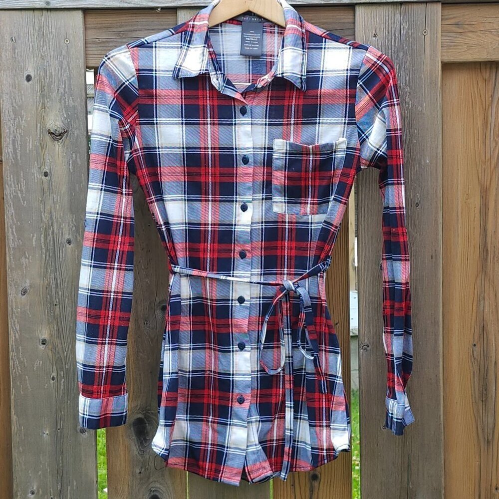 SUZY SHIER Belted Plaid Long Sleeve Button Up Shirt Women's Size XS